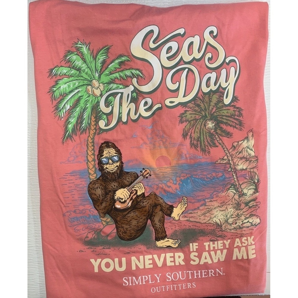 Simply Southern Seas The Day Bigfoot Coral Pink Graphic T Shirt NWT Size Small